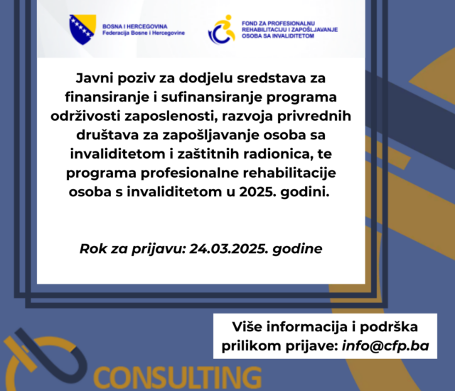 Javni poziv – Fond za profesionalnu rehabilitaciju i zapošljavanje osoba s invaliditetom