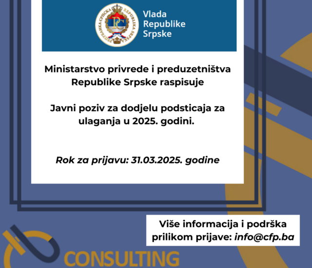 Javni poziv – Ministarstvo privrede i preduzetništva Republike Srpske